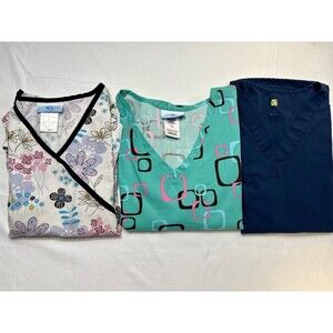 SB Scrubs Women’s L Lot of 3 Scrub Tops Floral Geometric Solid Cotton Woven